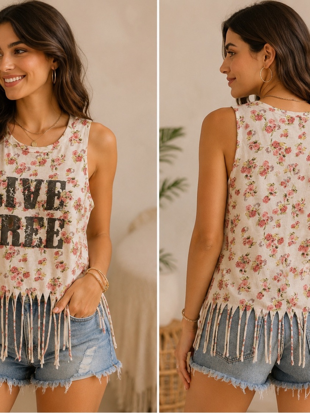 Floral Fringe Tank Top - Pink Floral​